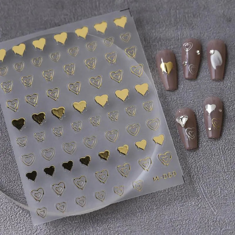 Metal Color Love Nail Art Stickers Gold Silver Heart Shape 3D Adhesive Sticker Decals M069