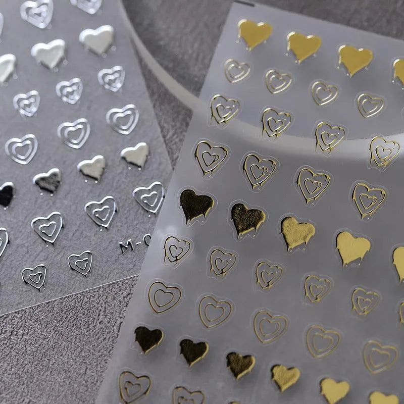 Metal Color Love Nail Art Stickers Gold Silver Heart Shape 3D Adhesive Sticker Decals M069