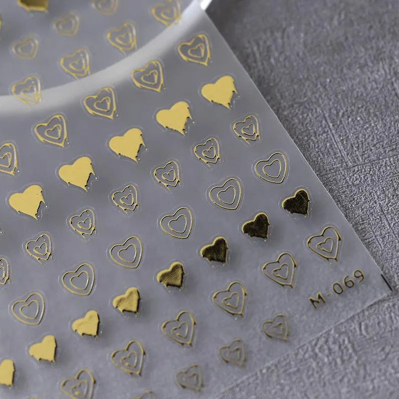 Metal Color Love Nail Art Stickers Gold Silver Heart Shape 3D Adhesive Sticker Decals M069