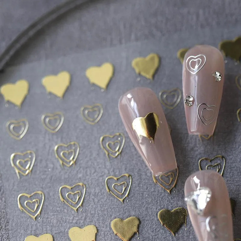 Metal Color Love Nail Art Stickers Gold Silver Heart Shape 3D Adhesive Sticker Decals M069