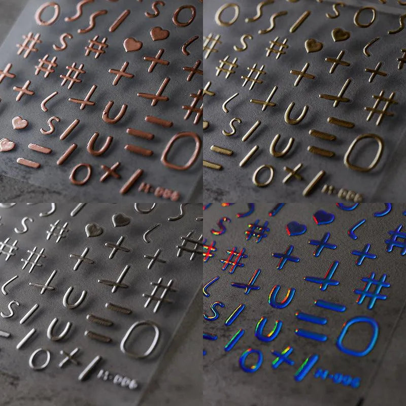 Metal Colors Nail Art Stickers Gold Silver Alphanumeric Symbol 3D Adhesive Sticker Decals M006