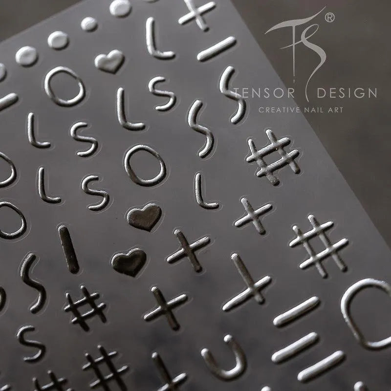 Metal Colors Nail Art Stickers Gold Silver Alphanumeric Symbol 3D Adhesive Sticker Decals M006