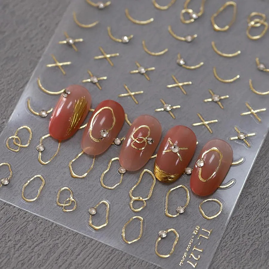 Metal Colors Nail Art Stickers Gold Silver Line With Rhinestone Adhesive Slider Sticker Decals TL127