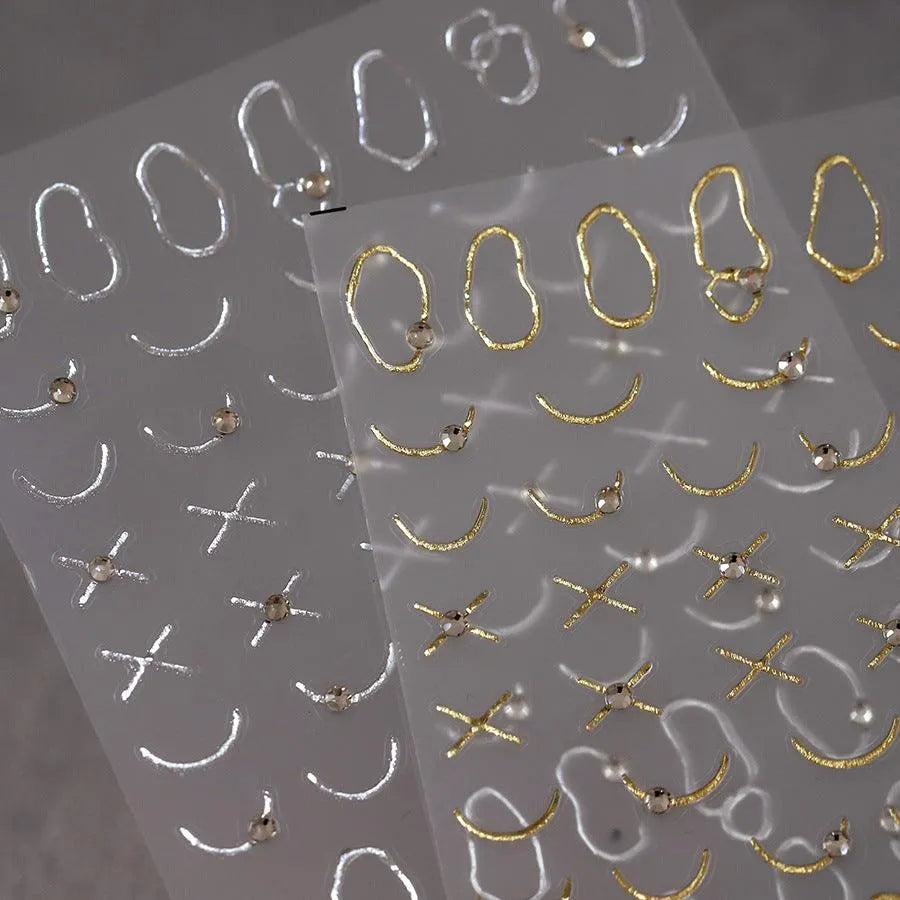 Metal Colors Nail Art Stickers Gold Silver Line With Rhinestone Adhesive Slider Sticker Decals TL127