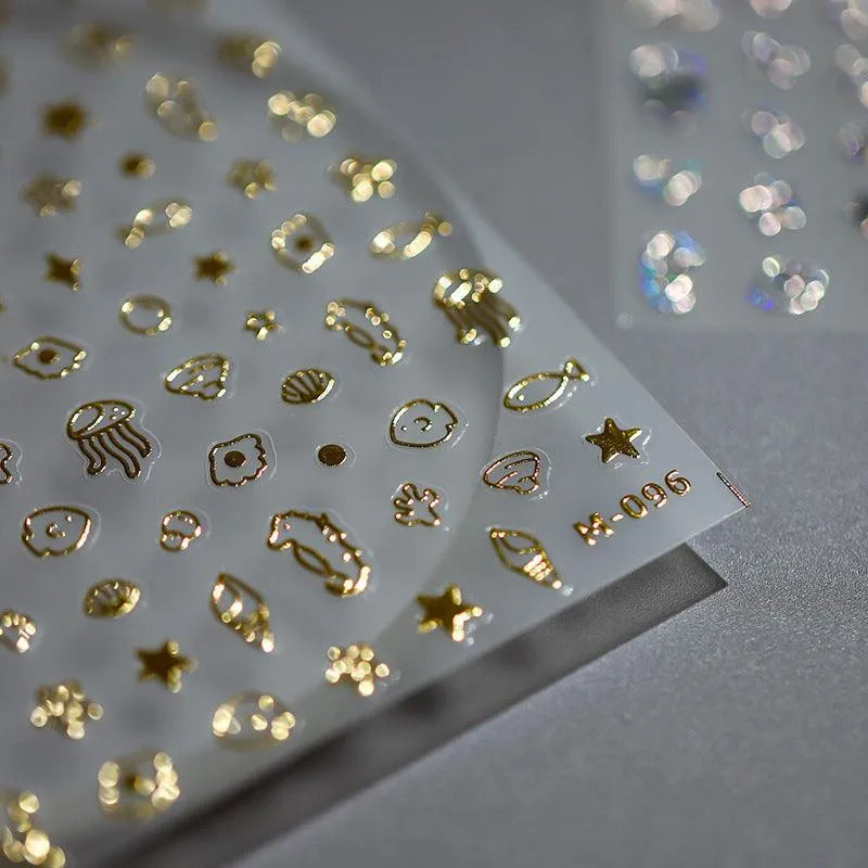 Metal Colors Sea Life Nail Art Stickers Adhesive Gold Silver Jellyfish Seahorses Sticker Decals 