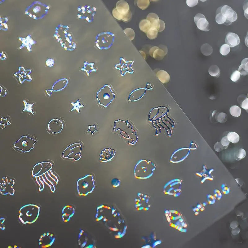 Metal Colors Sea Life Nail Art Stickers Adhesive Gold Silver Jellyfish Seahorses Sticker Decals 