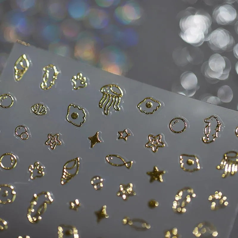 Metal Colors Sea Life Nail Art Stickers Adhesive Gold Silver Jellyfish Seahorses Sticker Decals 