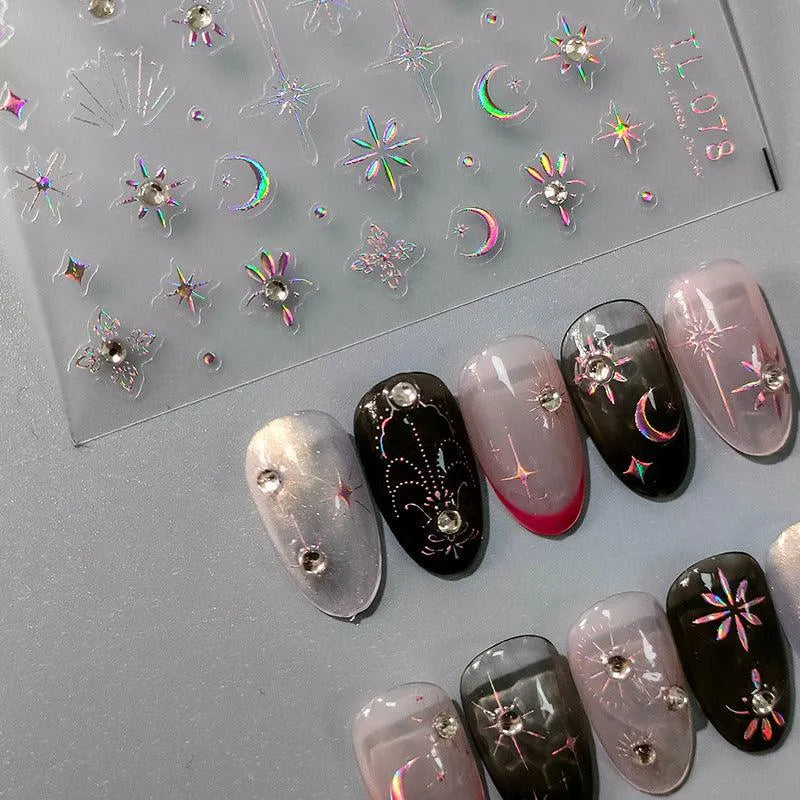Metal Effect Stars Nail Art Stickers Adhesive Gold Silver Star Moon With Rhinestone Sticker Decals TL077
