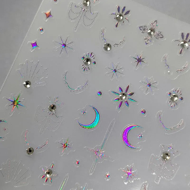 Metal Effect Stars Nail Art Stickers Adhesive Gold Silver Star Moon With Rhinestone Sticker Decals TL077