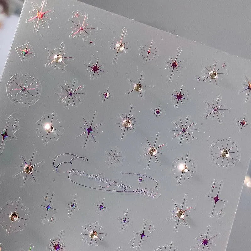 Metal Effect Stars Nail Art Stickers Adhesive Gold Silver Star Moon With Rhinestone Sticker Decals TL077