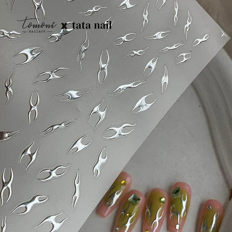 Metal Flame Nail Art Stickers Adhesive Embossed Fire Chain Sticker Decals 