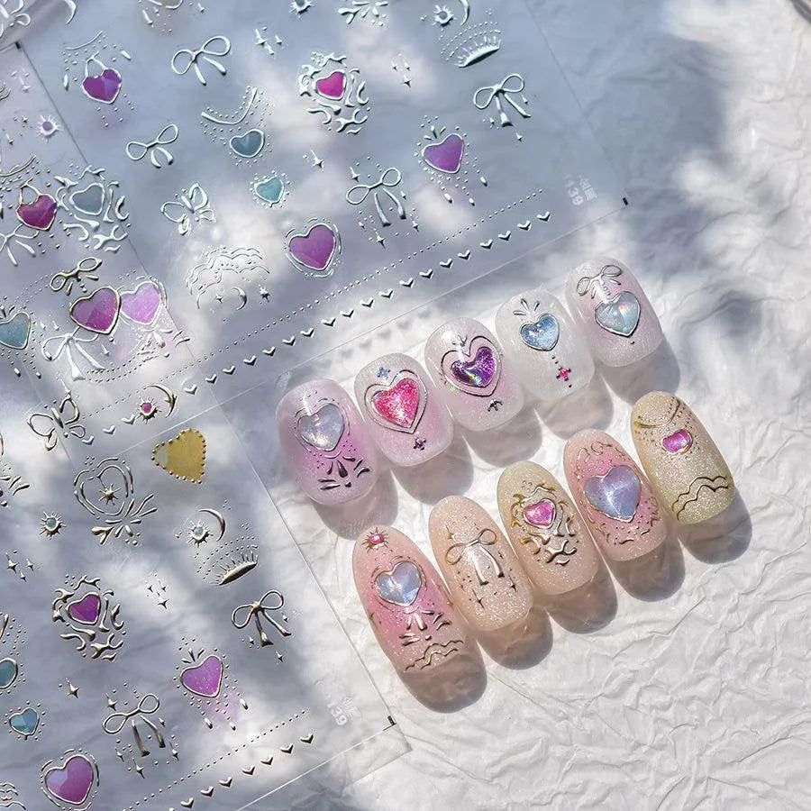 Metal Heart Bow Nail Art Stickers Adhesive Embossed Sticker Decals 