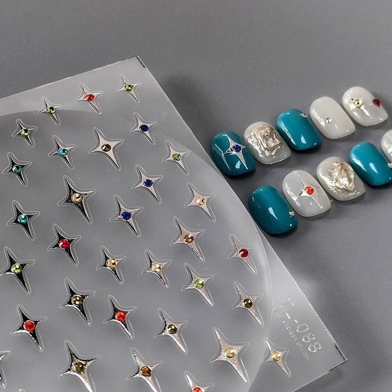 Metal Silver Nail Art Stickers Cross Stars With Rhinestone Adhesive Sticker Decals 