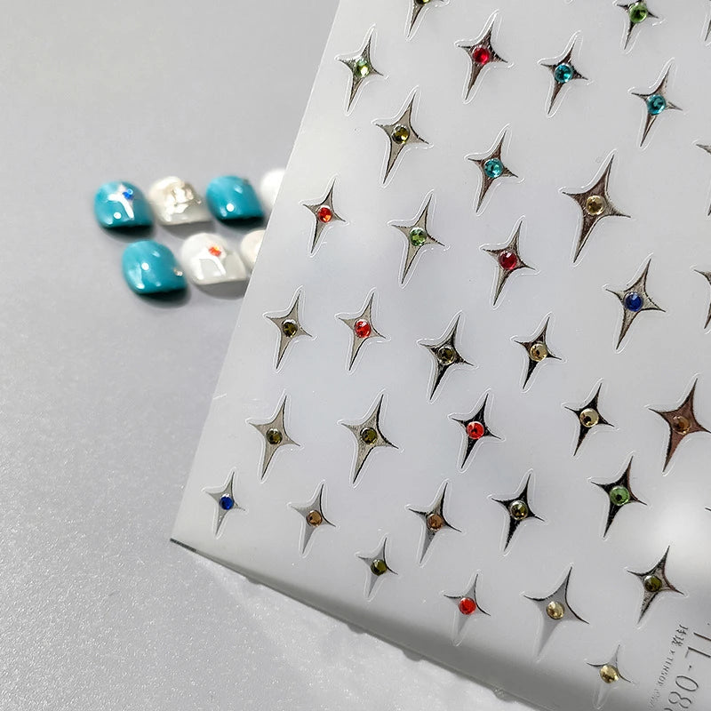 Metal Silver Nail Art Stickers Cross Stars With Rhinestone Adhesive Sticker Decals 