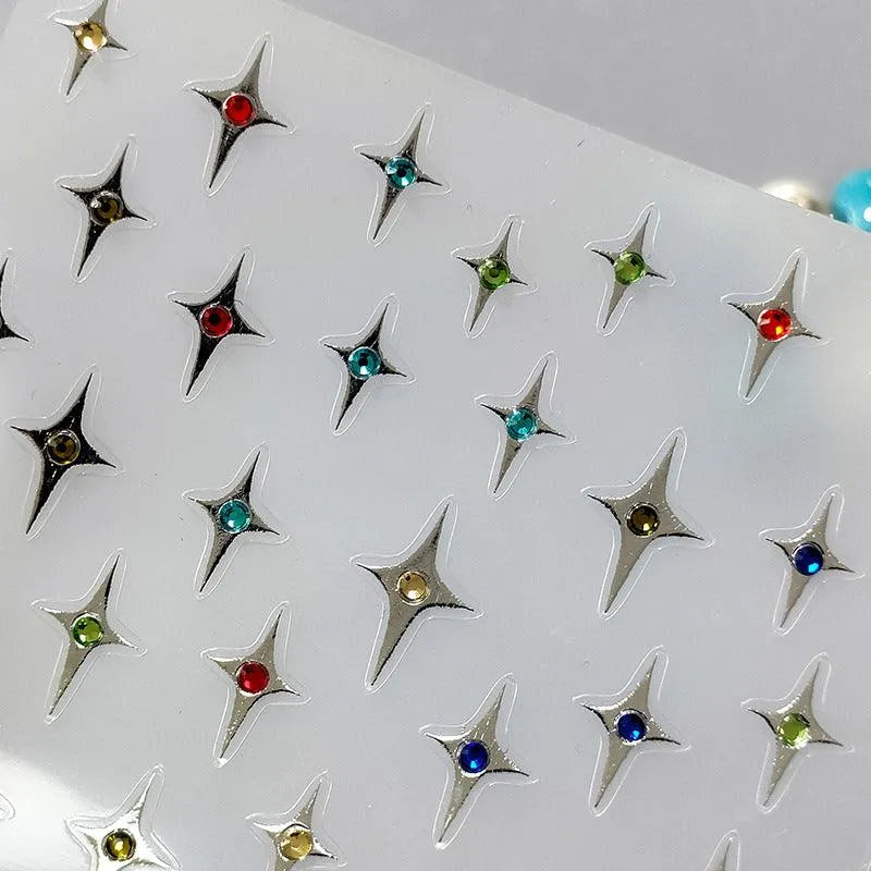 Metal Silver Nail Art Stickers Cross Stars With Rhinestone Adhesive Sticker Decals 