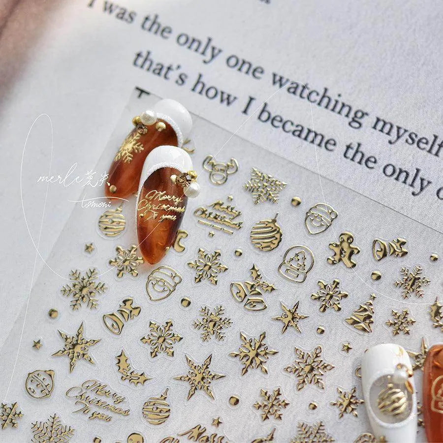 Metal Snowflake Nail Art Stickers Adhesive Embossed Laser Snowman Sticker Decals MS460