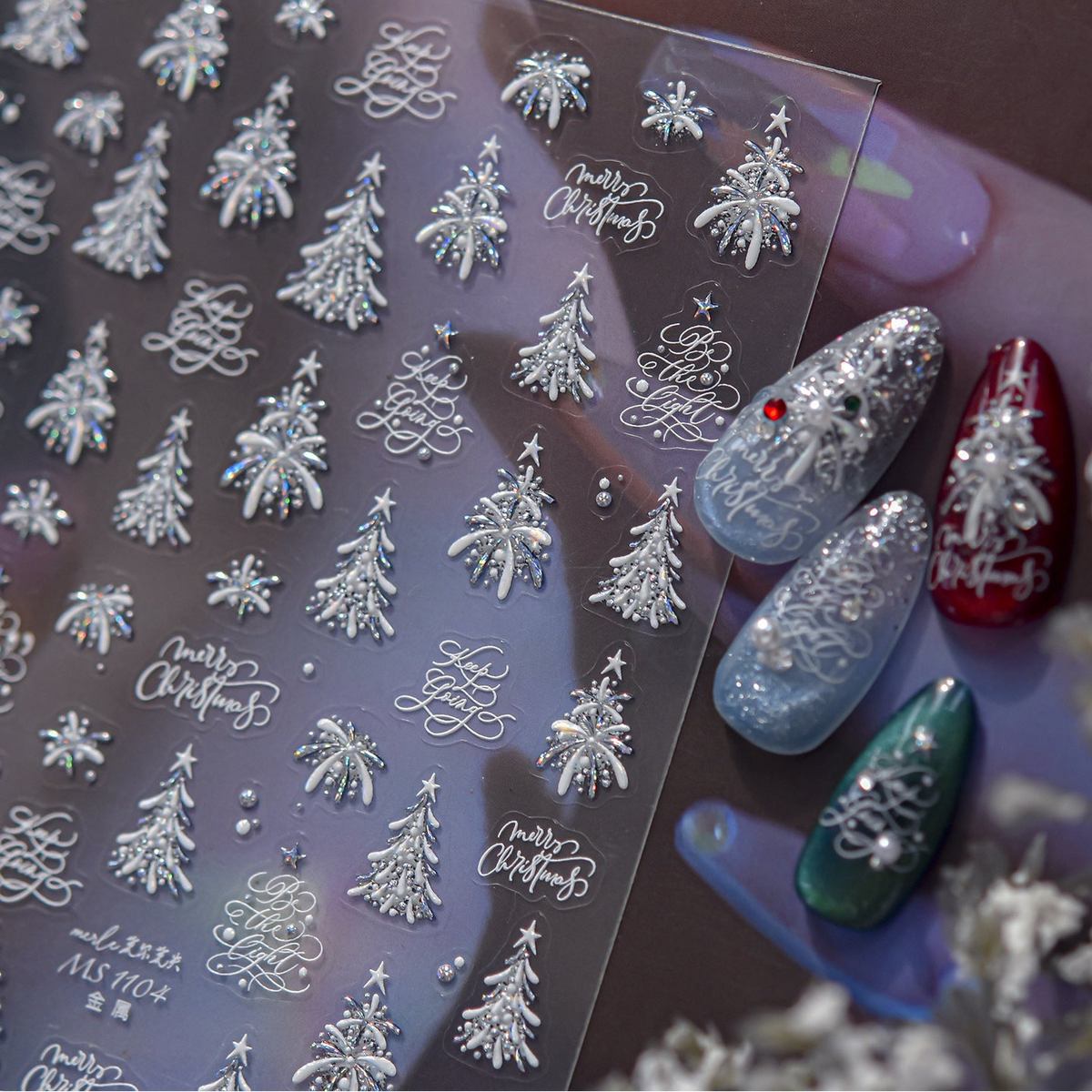 Metallic Christmas Nail Stickers Silver Xmas Tree Snowflake Decals 1104
