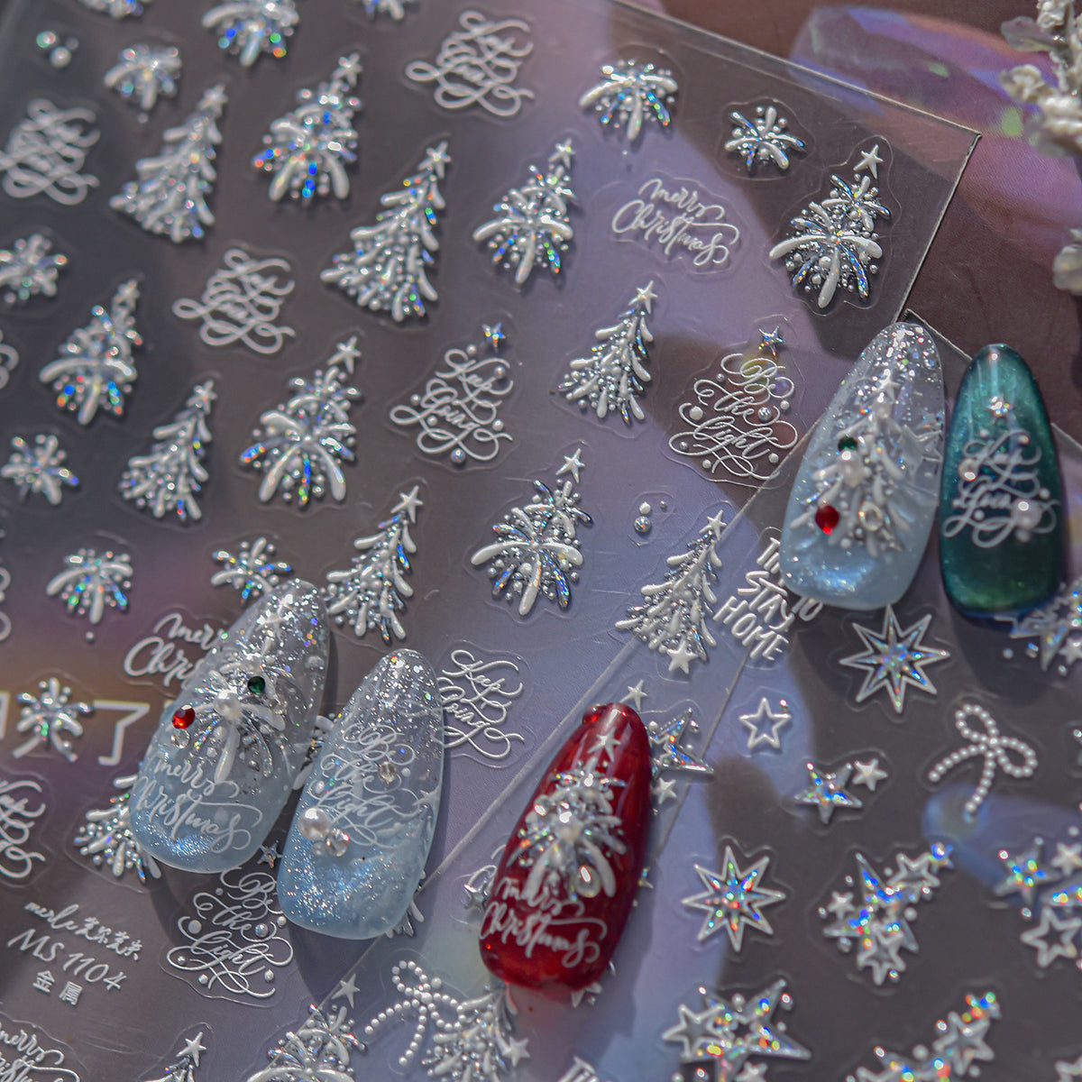 Metallic Christmas Nail Stickers Silver Xmas Tree Snowflake Decals 1104