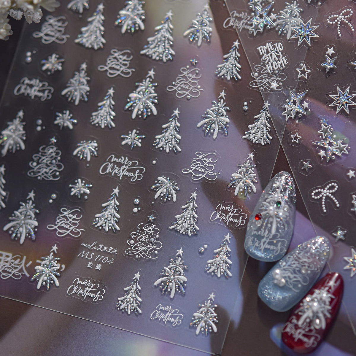 Metallic Christmas Nail Stickers Silver Xmas Tree Snowflake Decals 1104