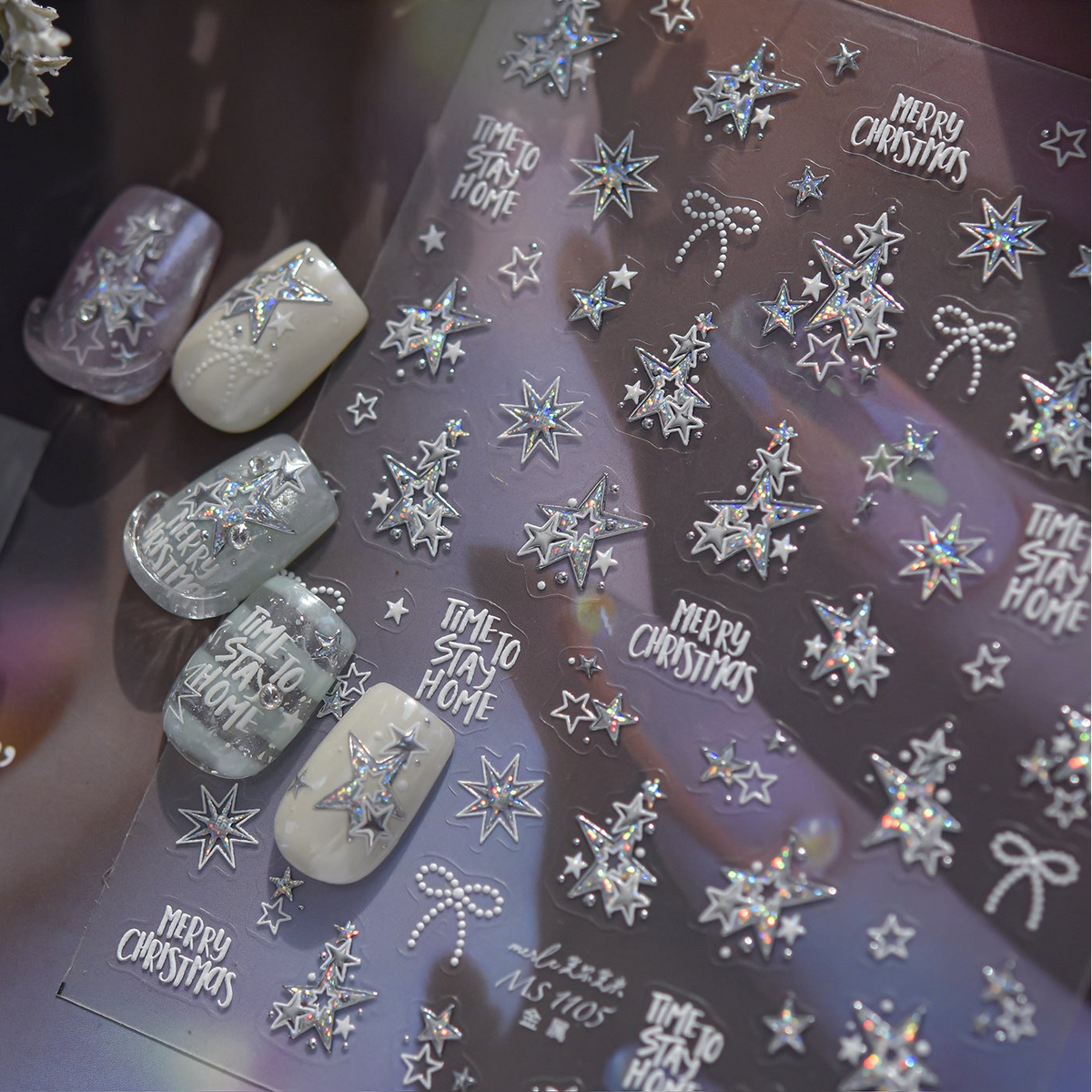 Metallic Christmas Nail Stickers Silver Xmas Tree Snowflake Decals 1104