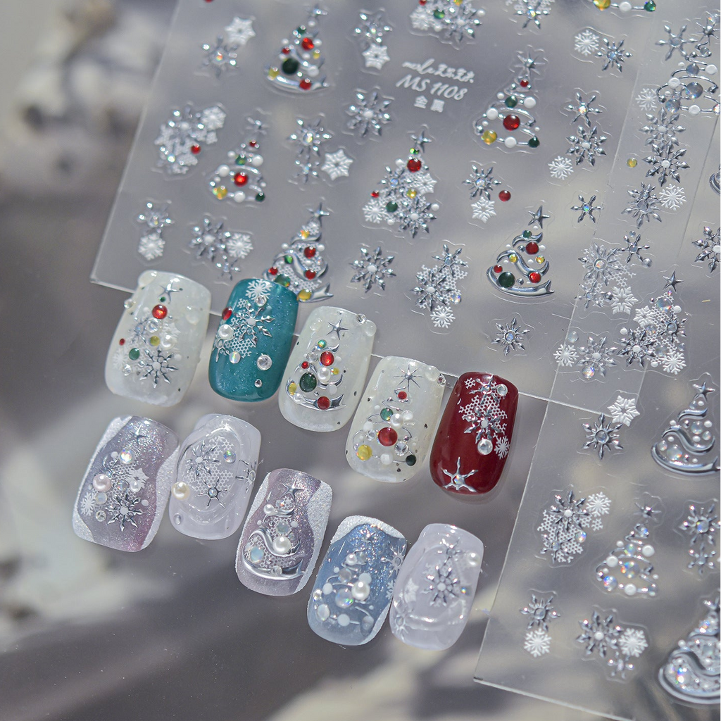 Metallic Christmas Nail Stickers Silver Xmas Tree Snowflake Decals 1104