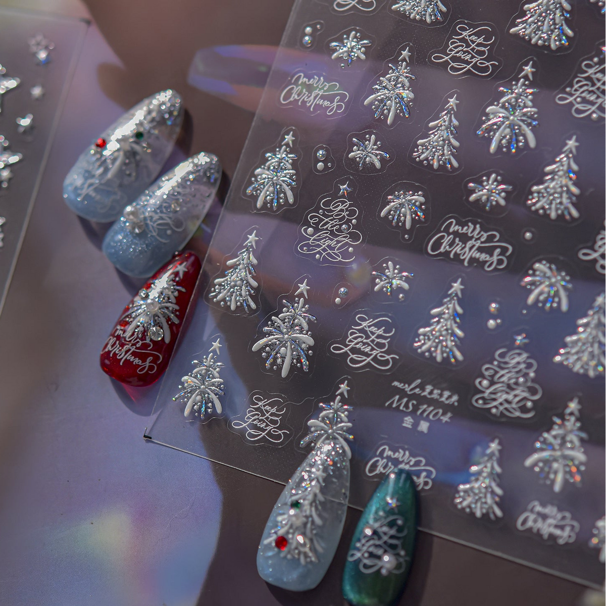 Metallic Christmas Nail Stickers Silver Xmas Tree Snowflake Decals 1104