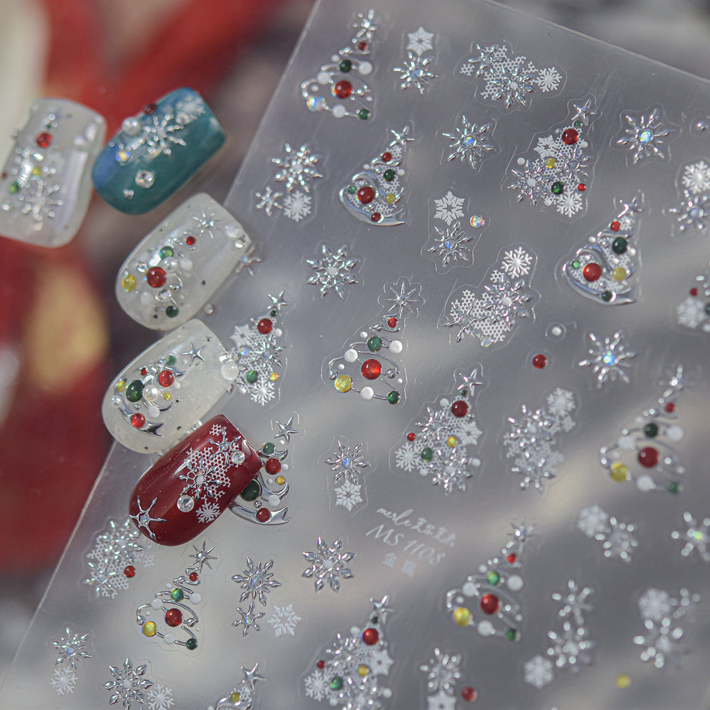 Metallic Christmas Nail Stickers Silver Xmas Tree Snowflake Decals 1104