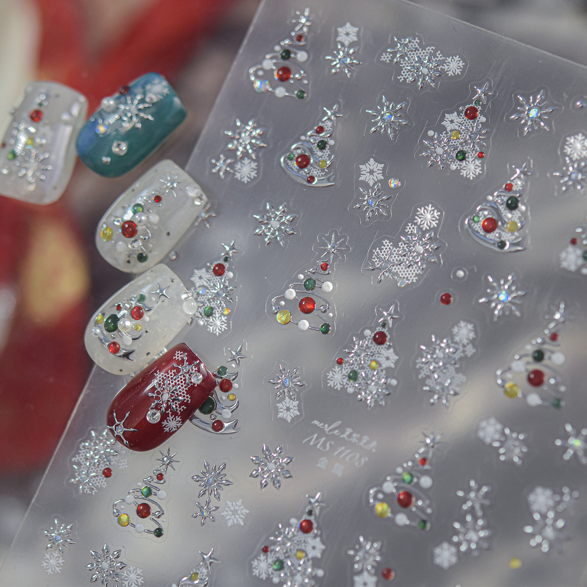 Metallic Christmas Nail Stickers Silver Xmas Tree Snowflake Decals 1104
