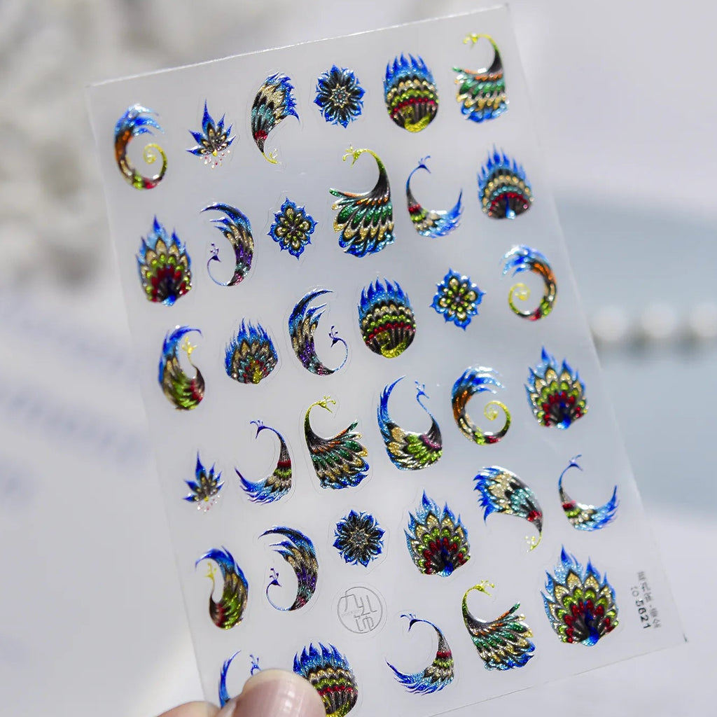 Metallic Peacock & Feather Nail Stickers - Gold Foil Exotic Art 5621