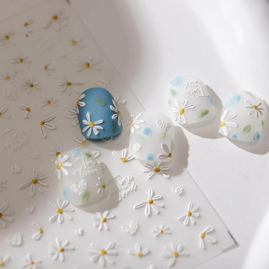 Mini Daisy Flowers Nail Art Stickers Adhesive Embossed Rose Floral Sticker Decals TS3687
