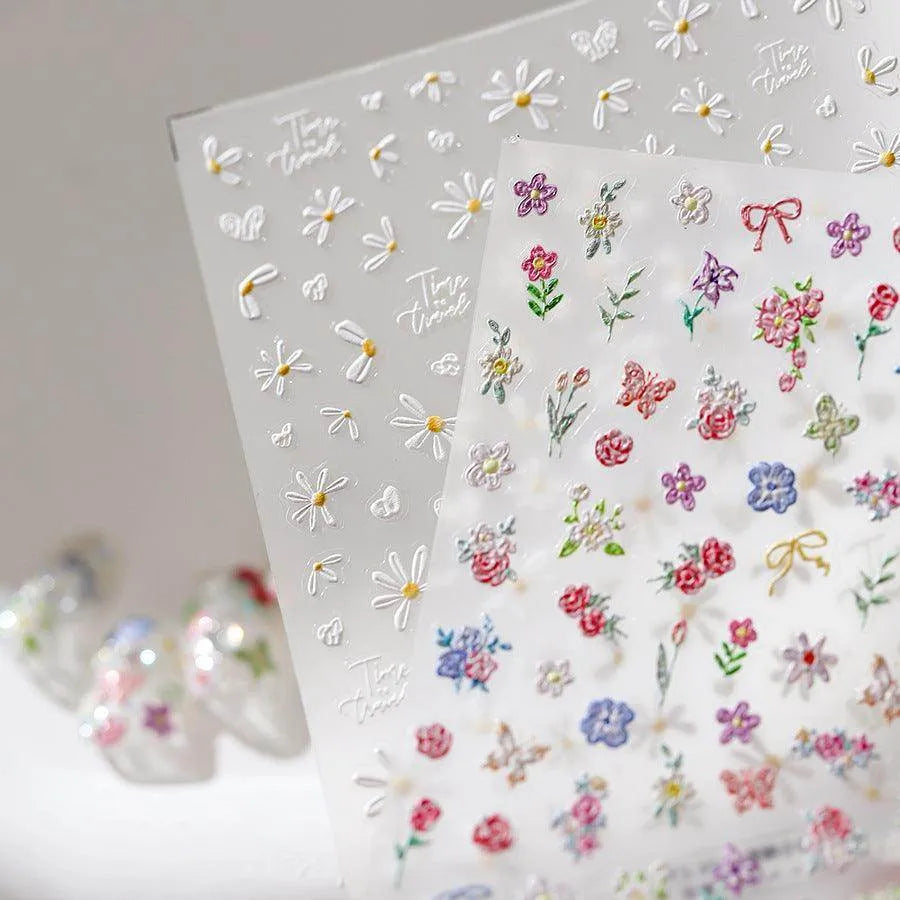 Mini Daisy Flowers Nail Art Stickers Adhesive Embossed Rose Floral Sticker Decals TS3687