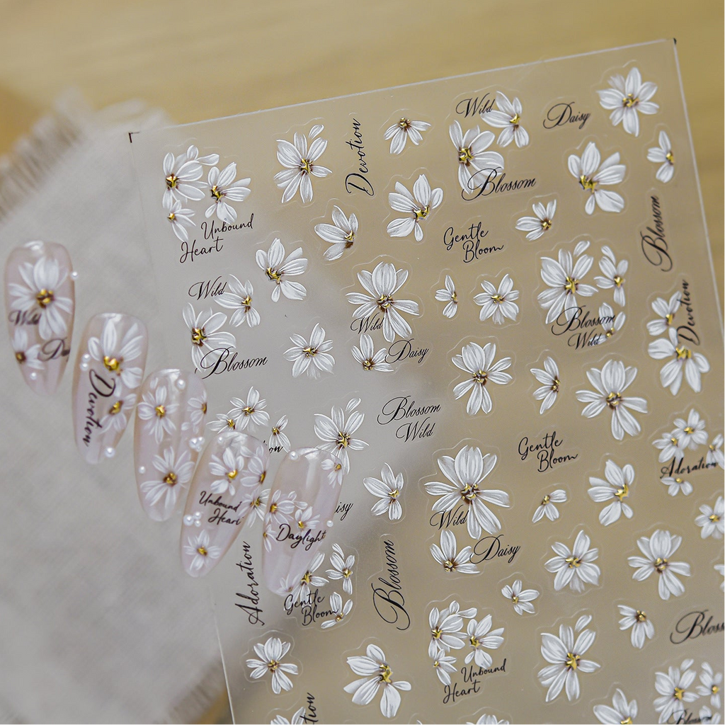 Minimalist White Daisy Nail Art Stickers - Retro Floral Decals 6086