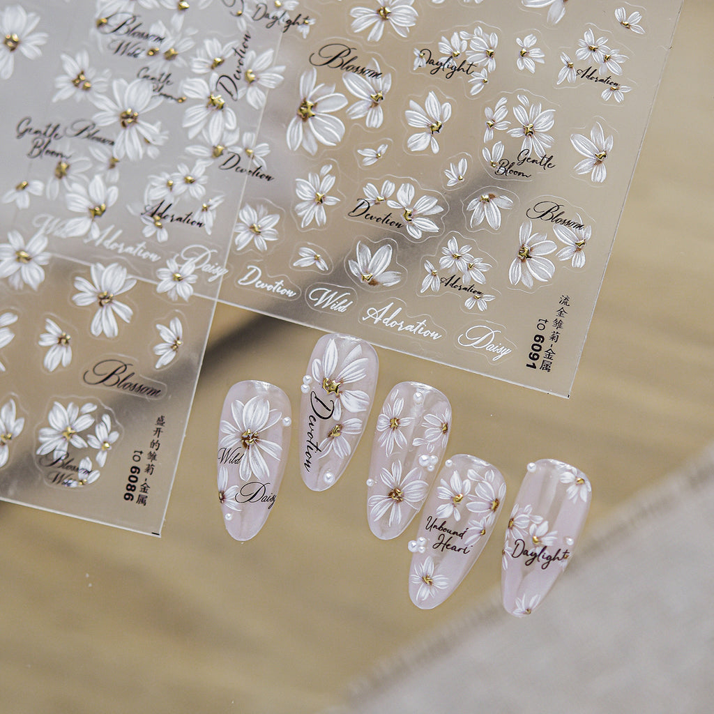 Minimalist White Daisy Nail Art Stickers - Retro Floral Decals 6086