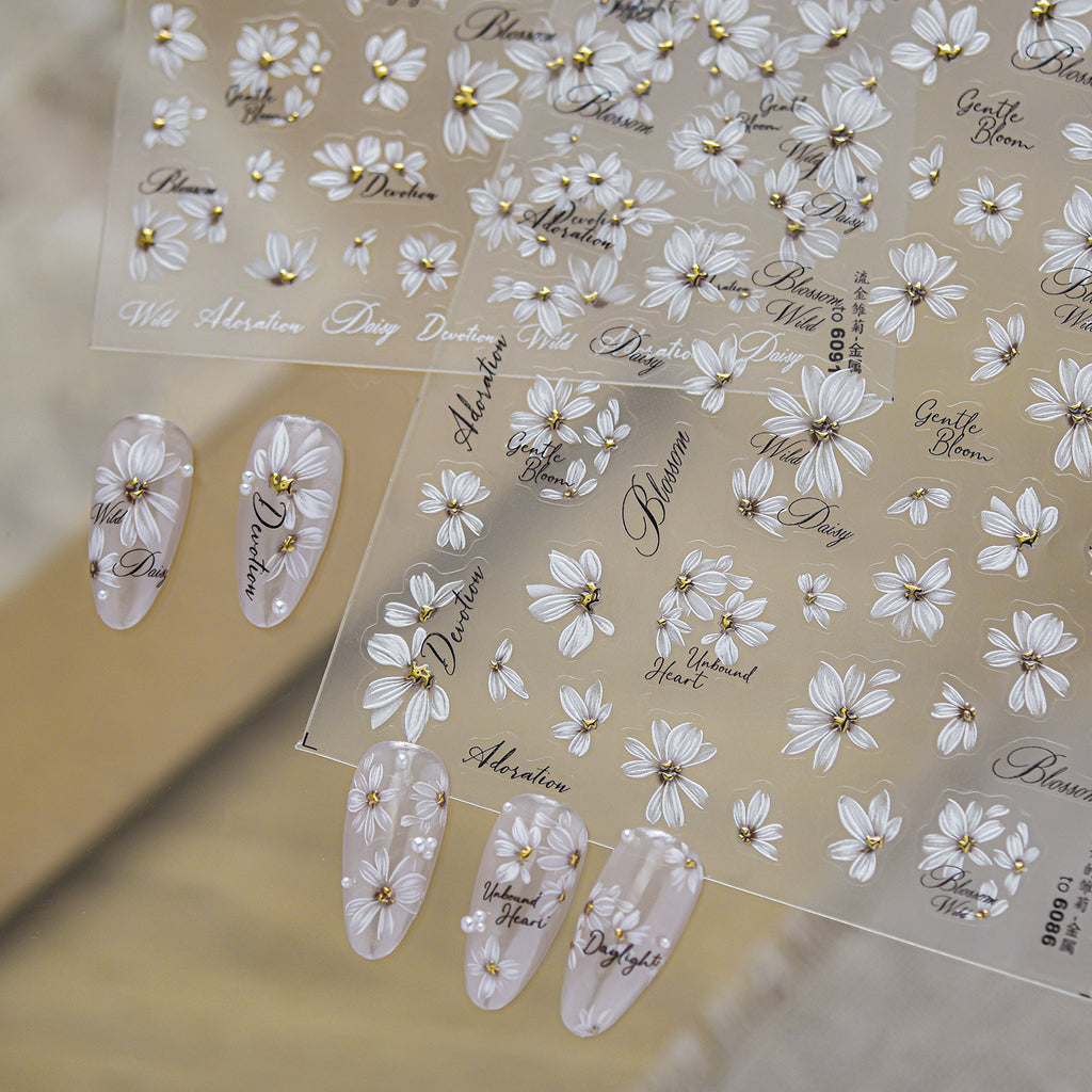 Minimalist White Daisy Nail Art Stickers - Retro Floral Decals 6086