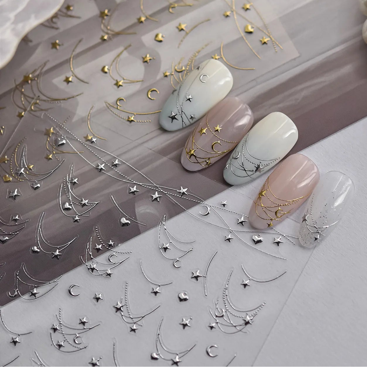 Moon & Stars Chain Nail Art Stickers - 5D Gold Silver Celestial Decals to4050