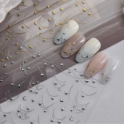 Moon & Stars Chain Nail Art Stickers - 5D Gold Silver Celestial Decals to4050
