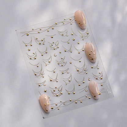 Moon & Stars Chain Nail Art Stickers - 5D Gold Silver Celestial Decals to4050