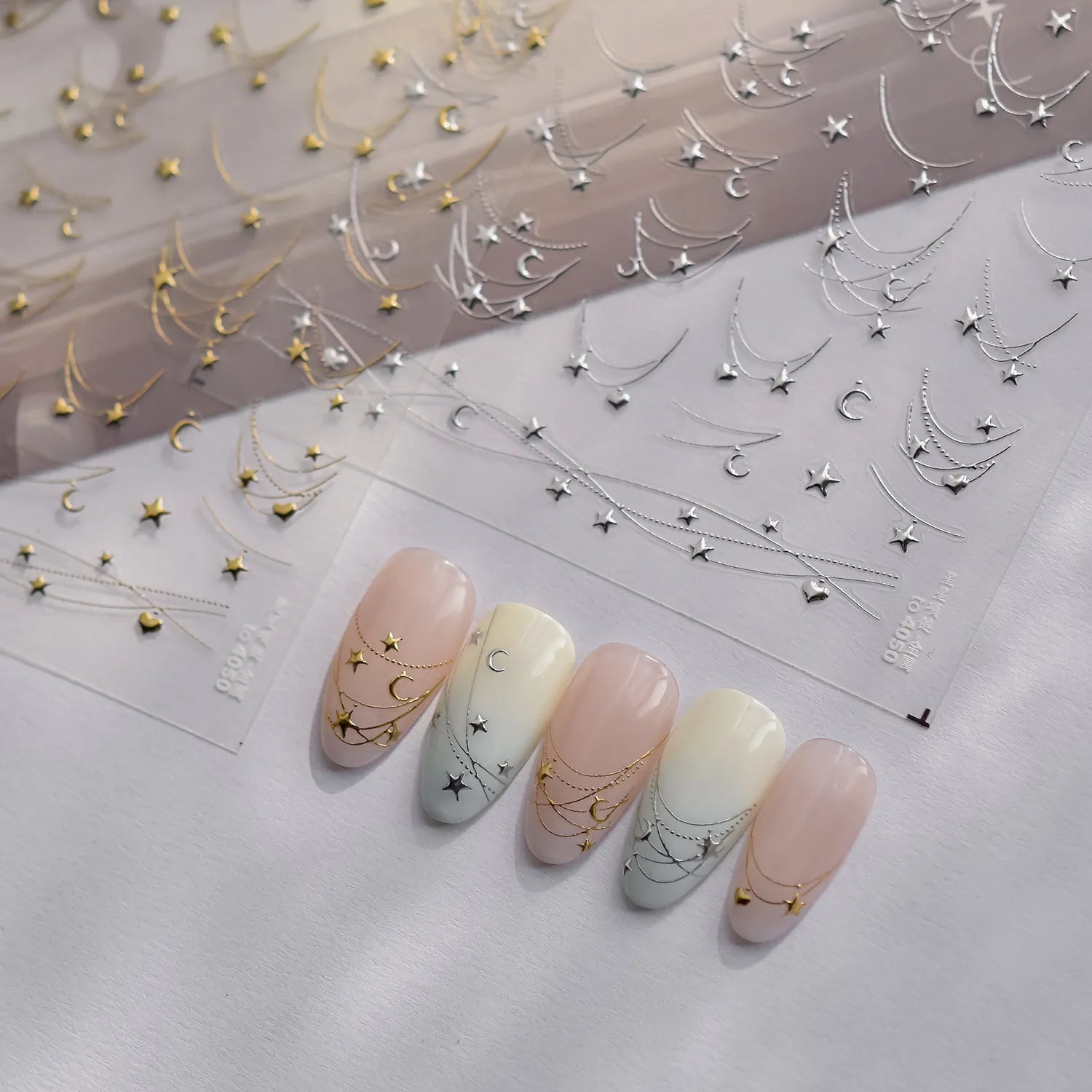 Moon & Stars Chain Nail Art Stickers - 5D Gold Silver Celestial Decals to4050