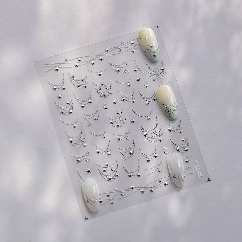 Moon & Stars Chain Nail Art Stickers - 5D Gold Silver Celestial Decals to4050