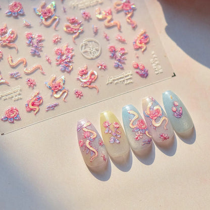 Mystic Snake & Rose Nail Stickers | Elegant Floral Serpent Nail Decals DIY to4673