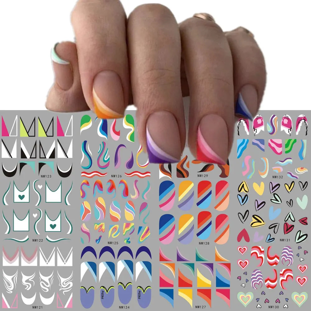 Colorful French Nail Water Decals | Y2K Swirls, Hearts, Abstract Slider Stickers