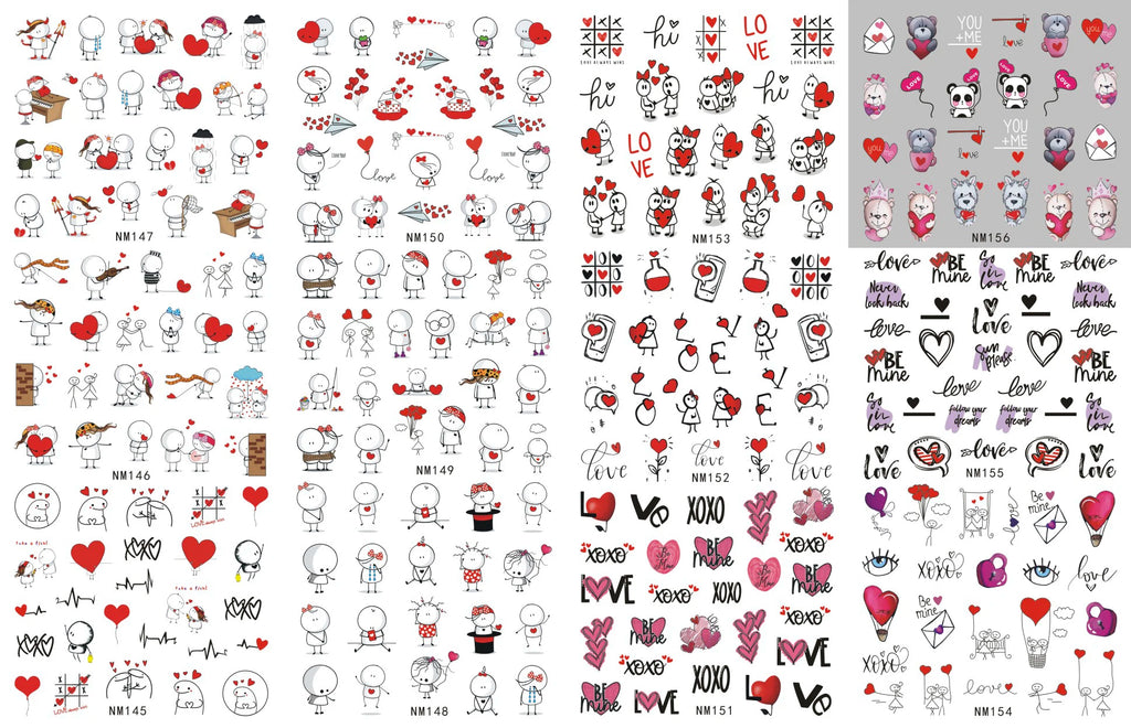 Valentine's Day Nail Water Decals | Cute Doodle Love Heart Slider Stickers