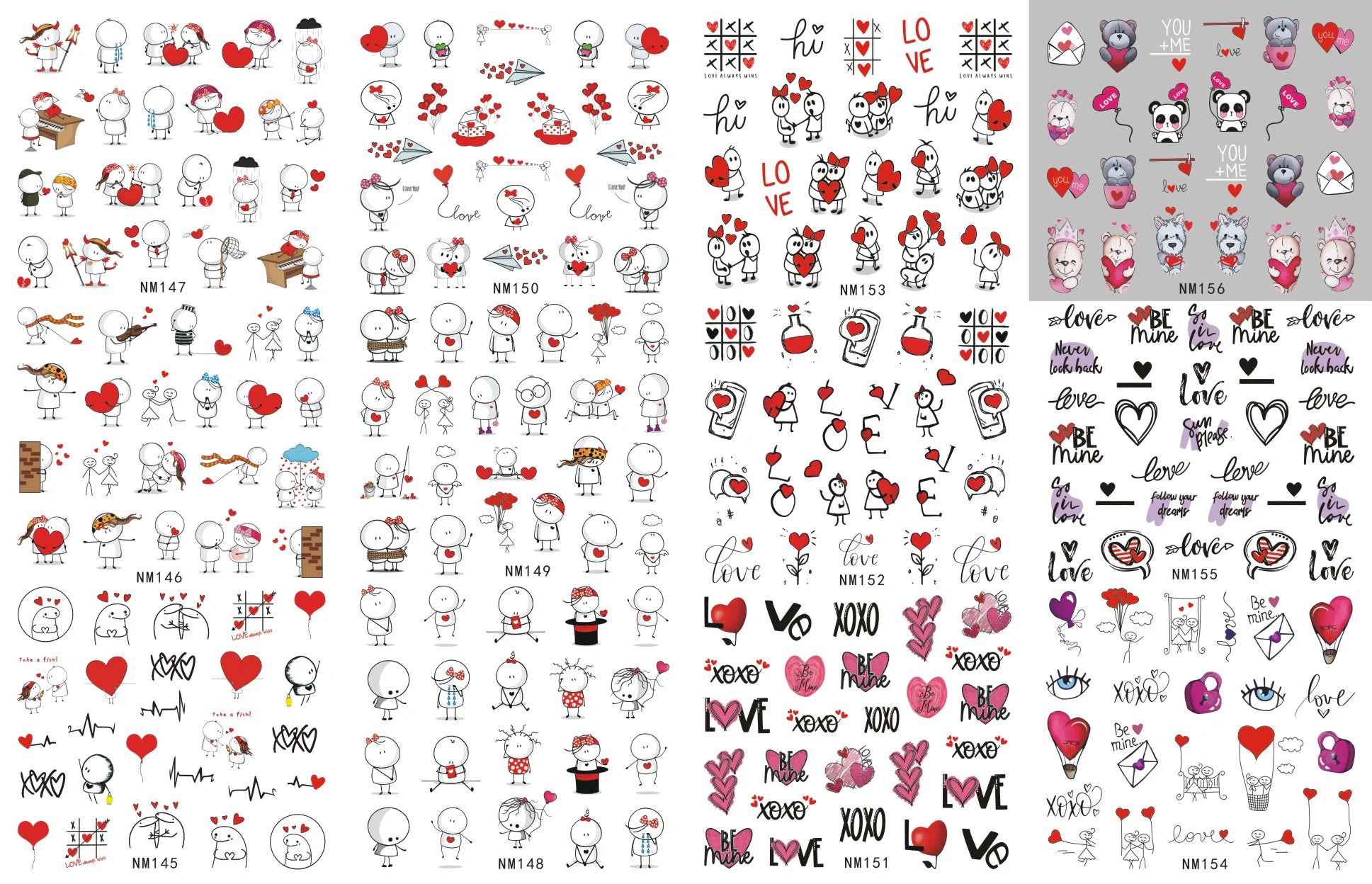 Valentine's Day Nail Water Decals | Cute Doodle Love Heart Slider Stickers