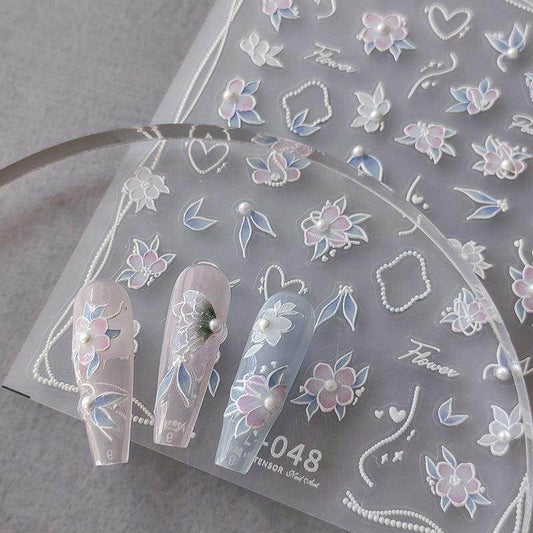 NailMAD Butterfly Nail Art Stickers Adhesive Embossed White Flowers Leaf with Pearls - Nail MAD