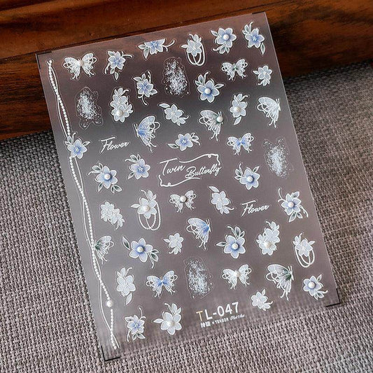 NailMAD Butterfly Nail Art Stickers Adhesive Embossed White Flowers Leaf with Pearls - Nail MAD