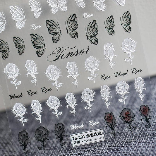 NailMAD Nail Art Stickers Adhesive Slider Butterfly Rose Embossed Sticker Decals TS291 - Nail MAD