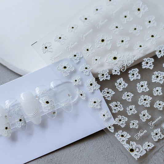 NailMAD Nail Art Stickers Adhesive Slider White Flowers Embossed Sticker Decals TS1584 - Nail MAD
