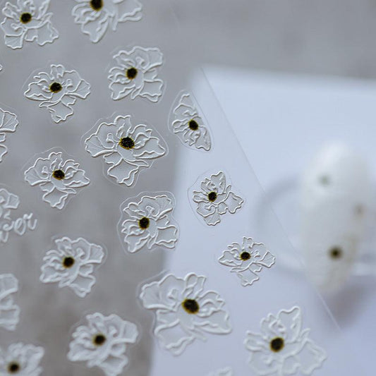 NailMAD Nail Art Stickers Adhesive Slider White Flowers Embossed Sticker Decals TS1584 - Nail MAD