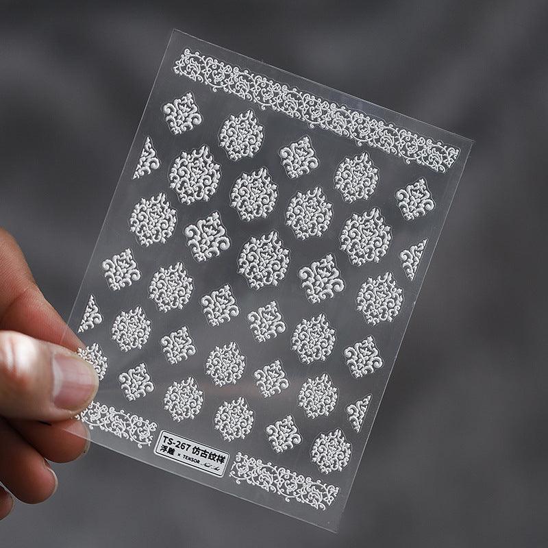 NailMAD Nail Art Stickers Adhesive Slider White Lace Feather Embossed Sticker Decals - Nail MAD