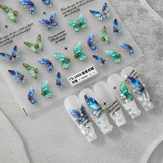 NailMAD Nail Art Stickers Adhesive s Embossed Blue Butterfly Sticker Decals TS2407 - Nail MAD